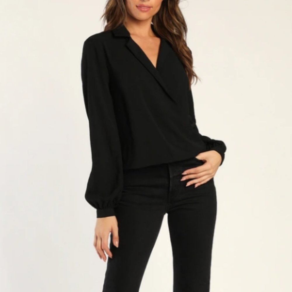 lulu's Black Surplice Collared Long Sleeve Top